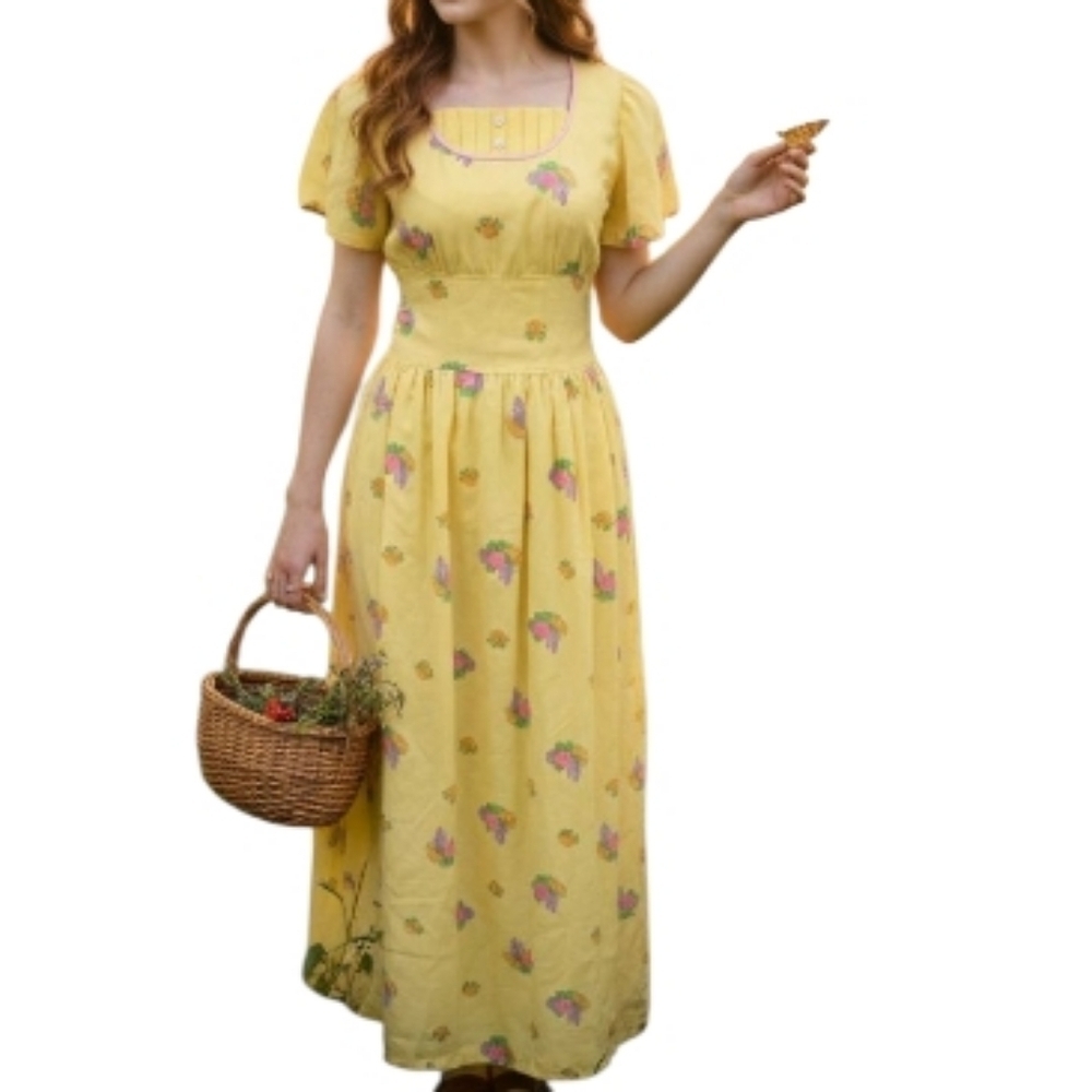 ​🌻 Vintage Cottagecore Yellow Floral Maxi Dress | Flutter Sleeve Handmade